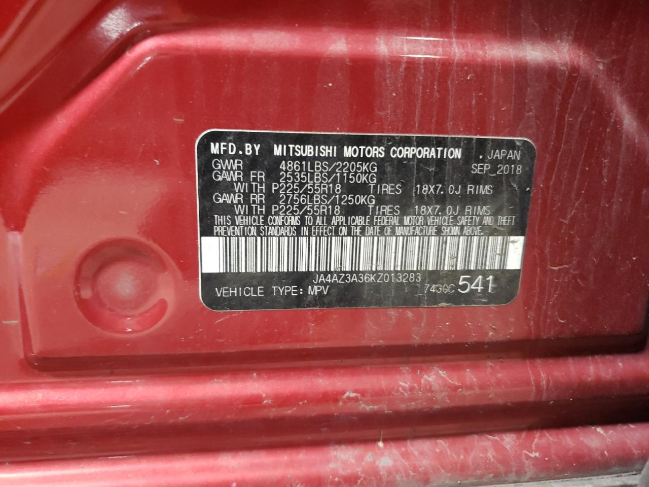 2019 Mitsubishi Outlander Se VIN: JA4AZ3A36KZ013283 Lot: 62469044