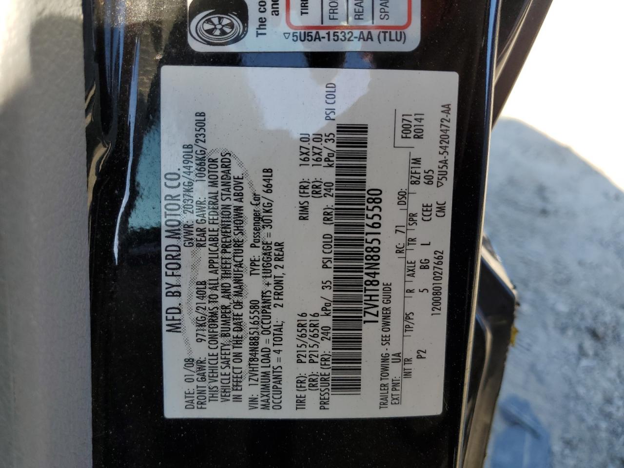 2008 Ford Mustang VIN: 1ZVHT84N885165580 Lot: 64611544