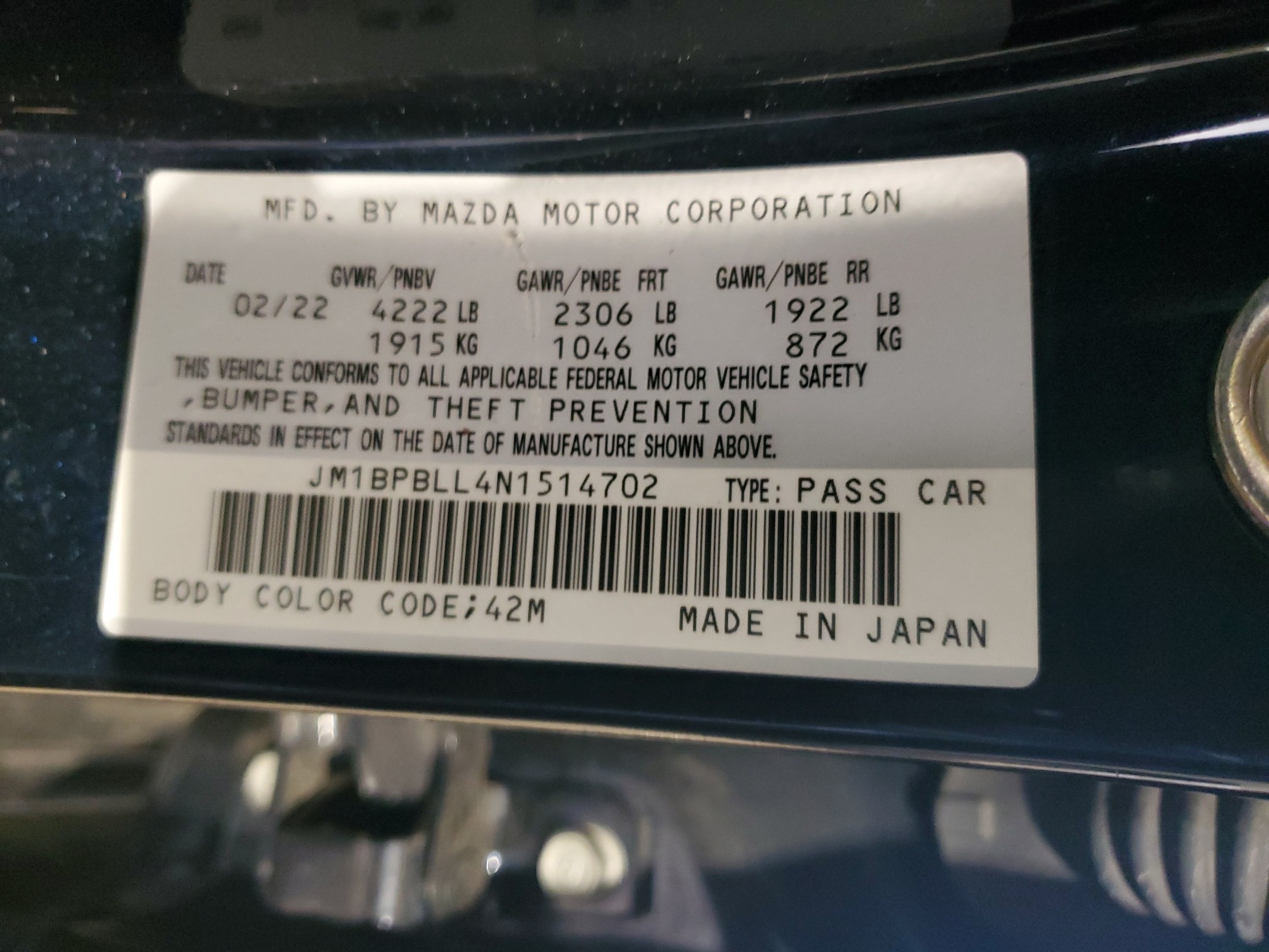 JM1BPBLL4N1514702 2022 Mazda 3 Preferred
