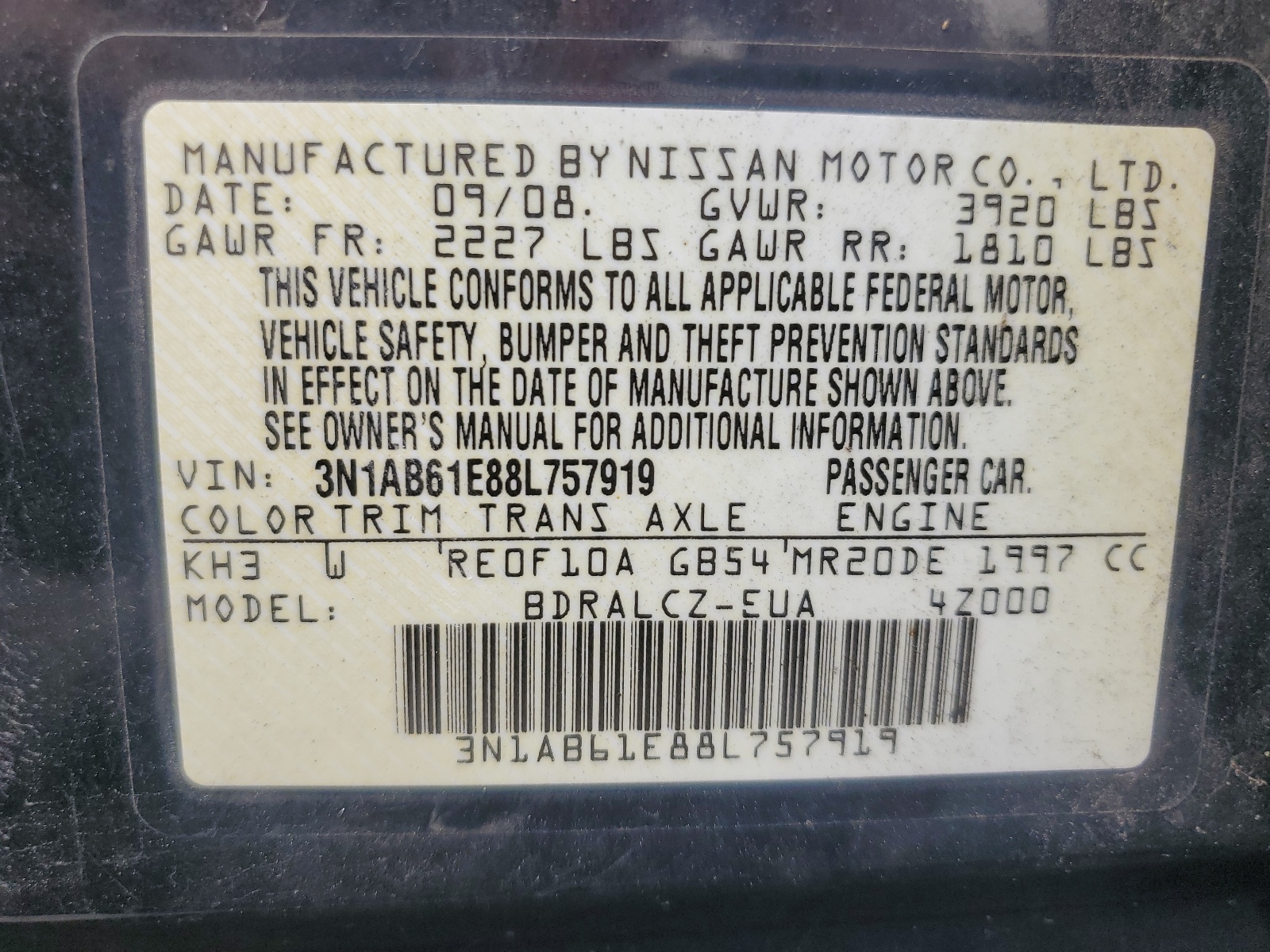 3N1AB61E88L757919 2008 Nissan Sentra 2.0
