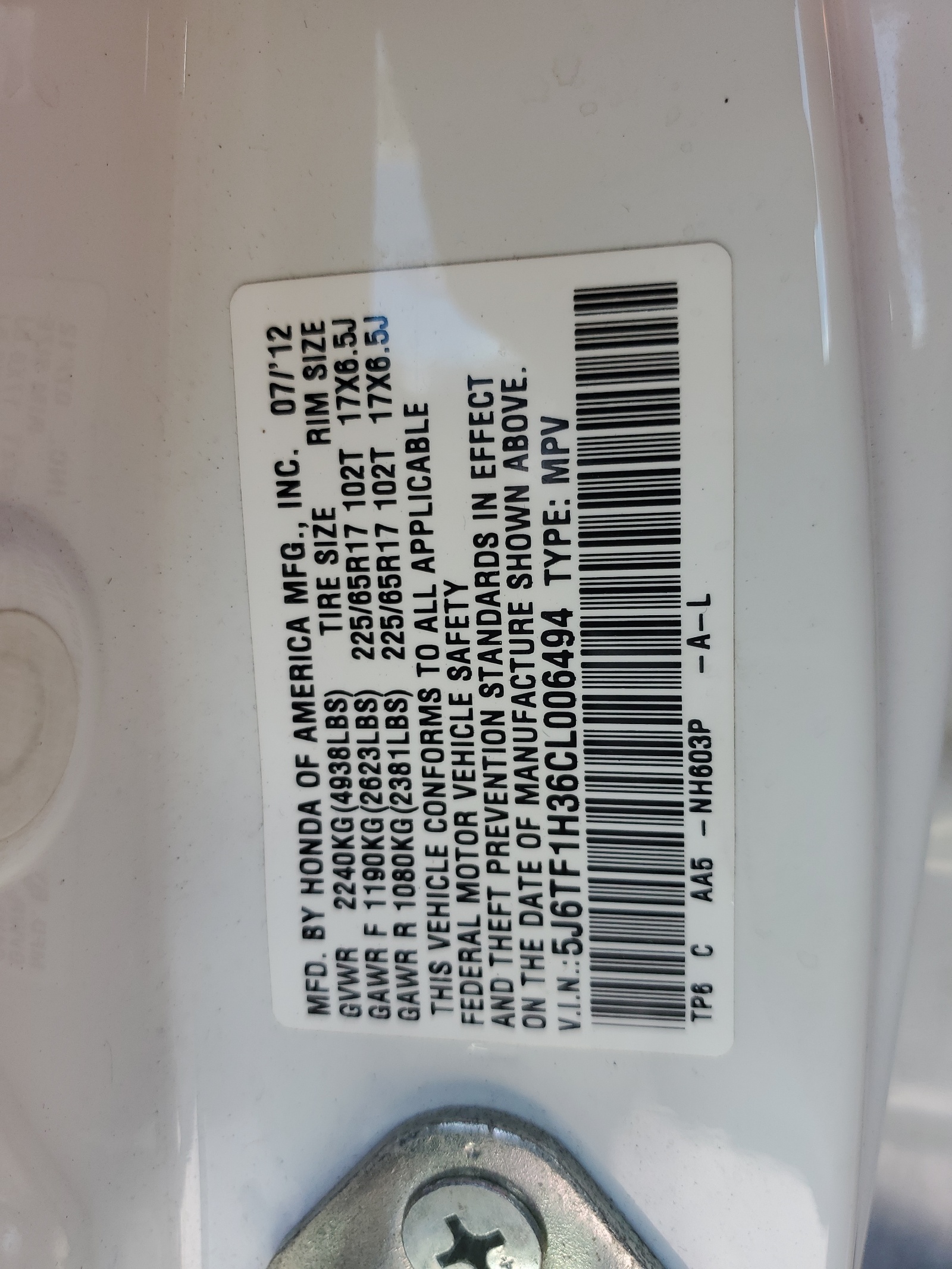 5J6TF1H36CL006494 2012 Honda Crosstour Ex