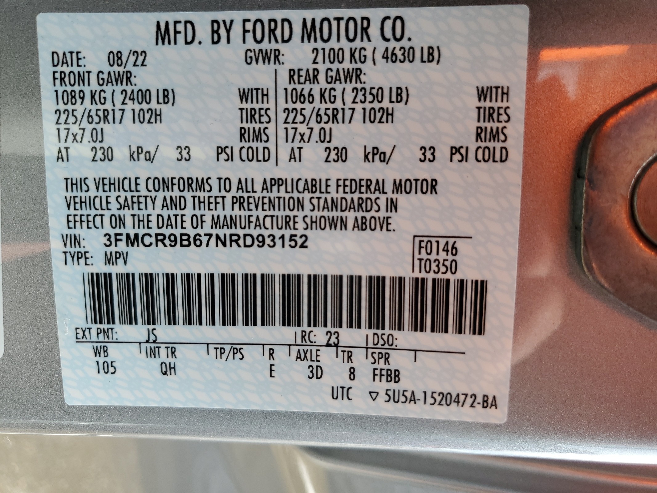 3FMCR9B67NRD93152 2022 Ford Bronco Sport Big Bend