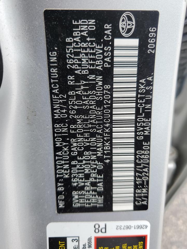 2012 Toyota Camry Se VIN: 4T1BK1FK4CU012078 Lot: 62339084