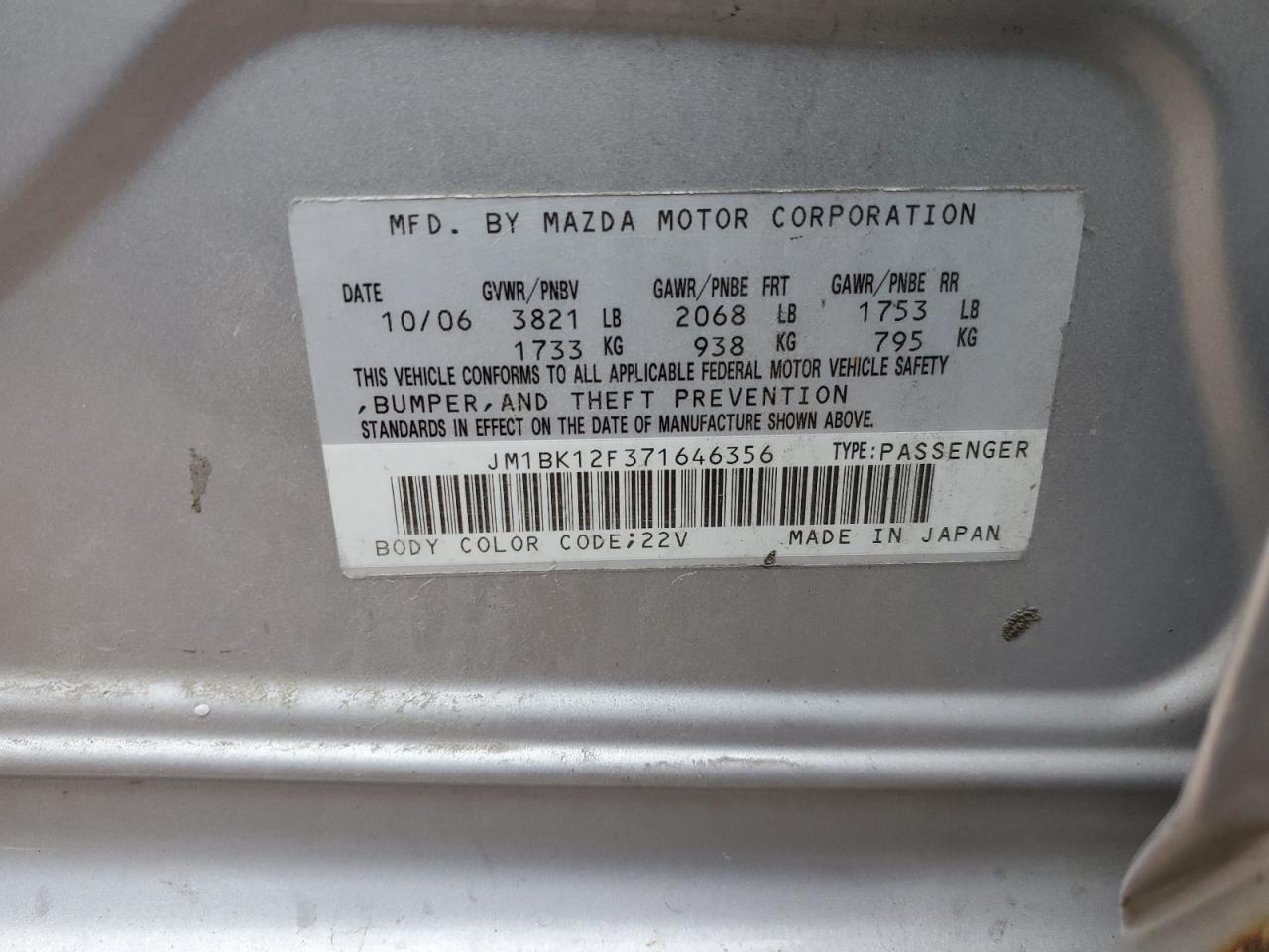 2007 Mazda 3 I VIN: JM1BK12F371646356 Lot: 62706264