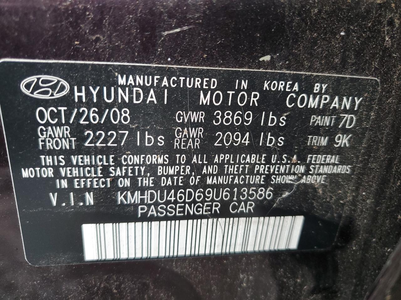 KMHDU46D69U613586 2009 Hyundai Elantra Gls