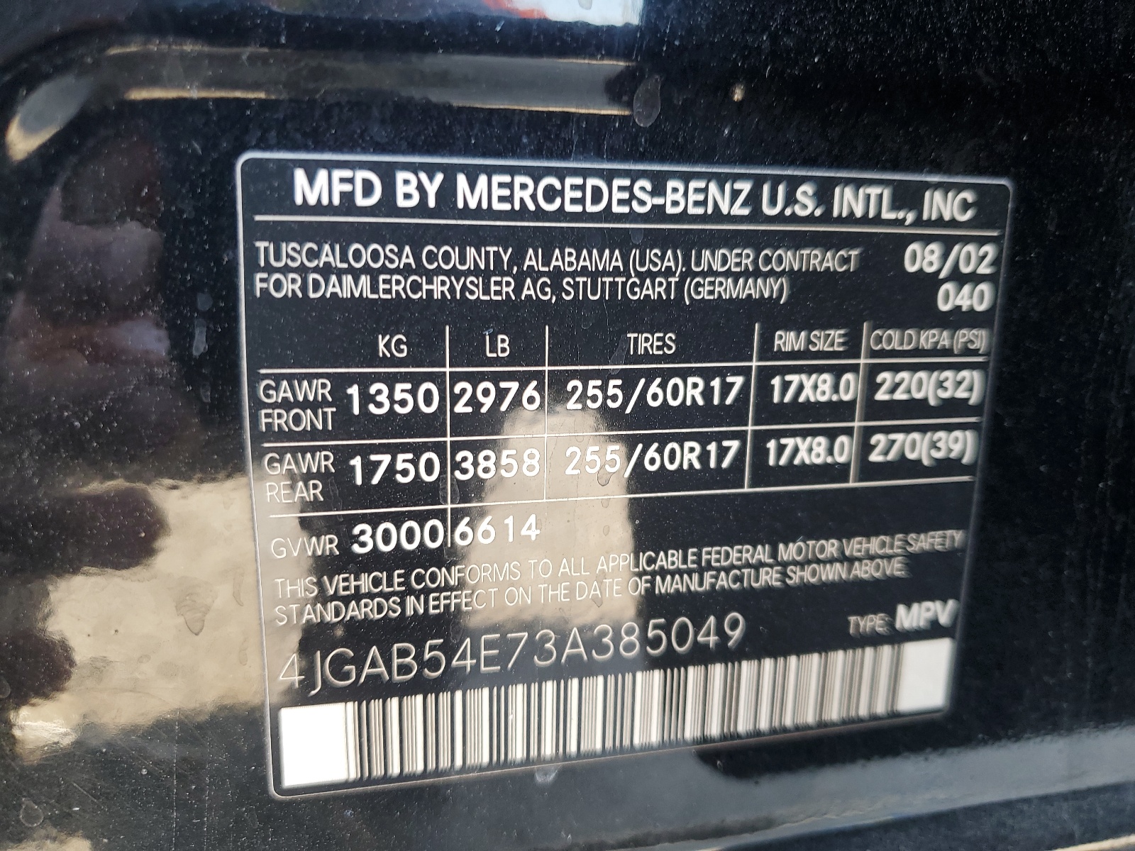 4JGAB54E73A385049 2003 Mercedes-Benz Ml 320