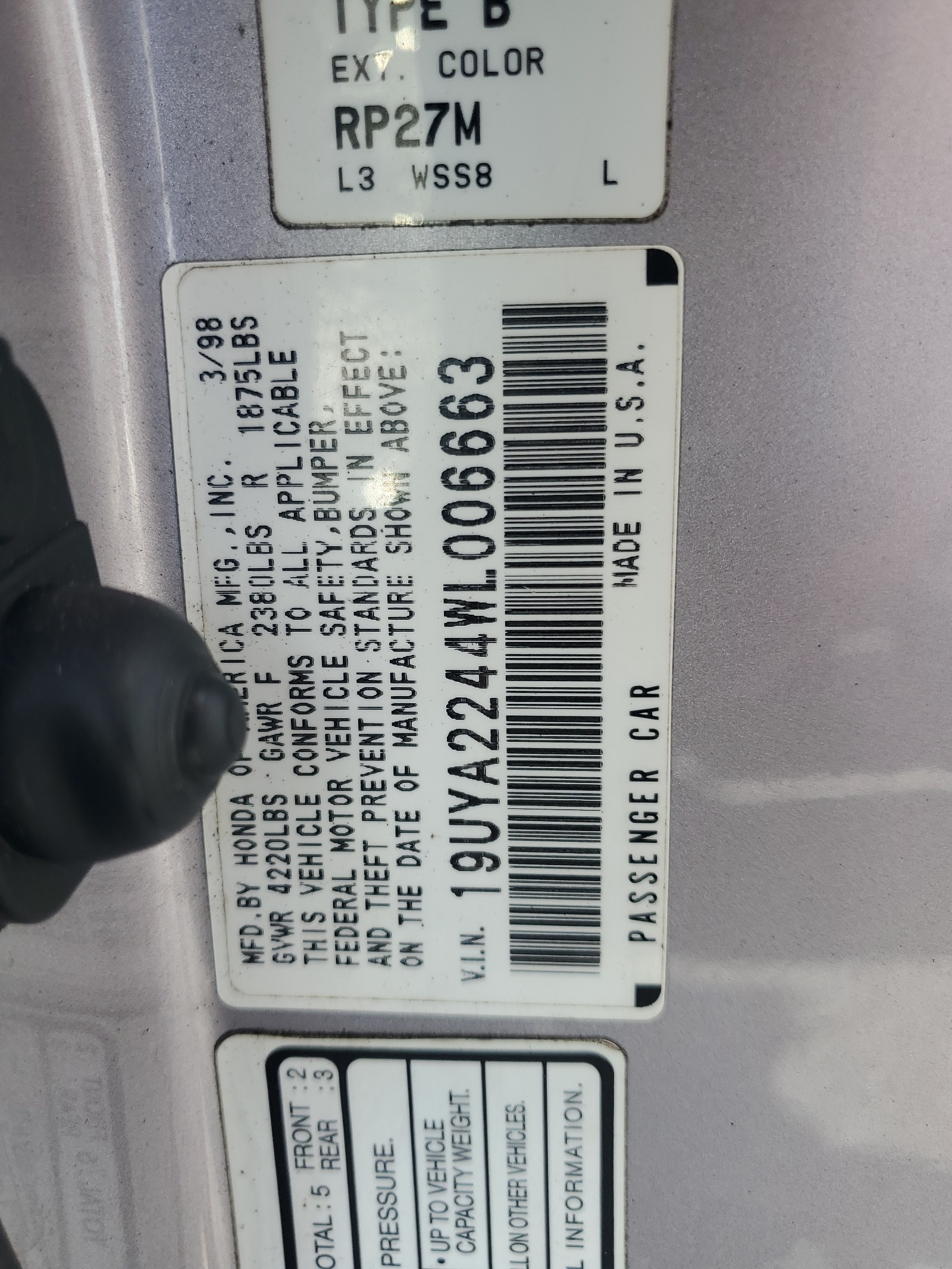 19UYA2244WL006663 1998 Acura 3.0Cl