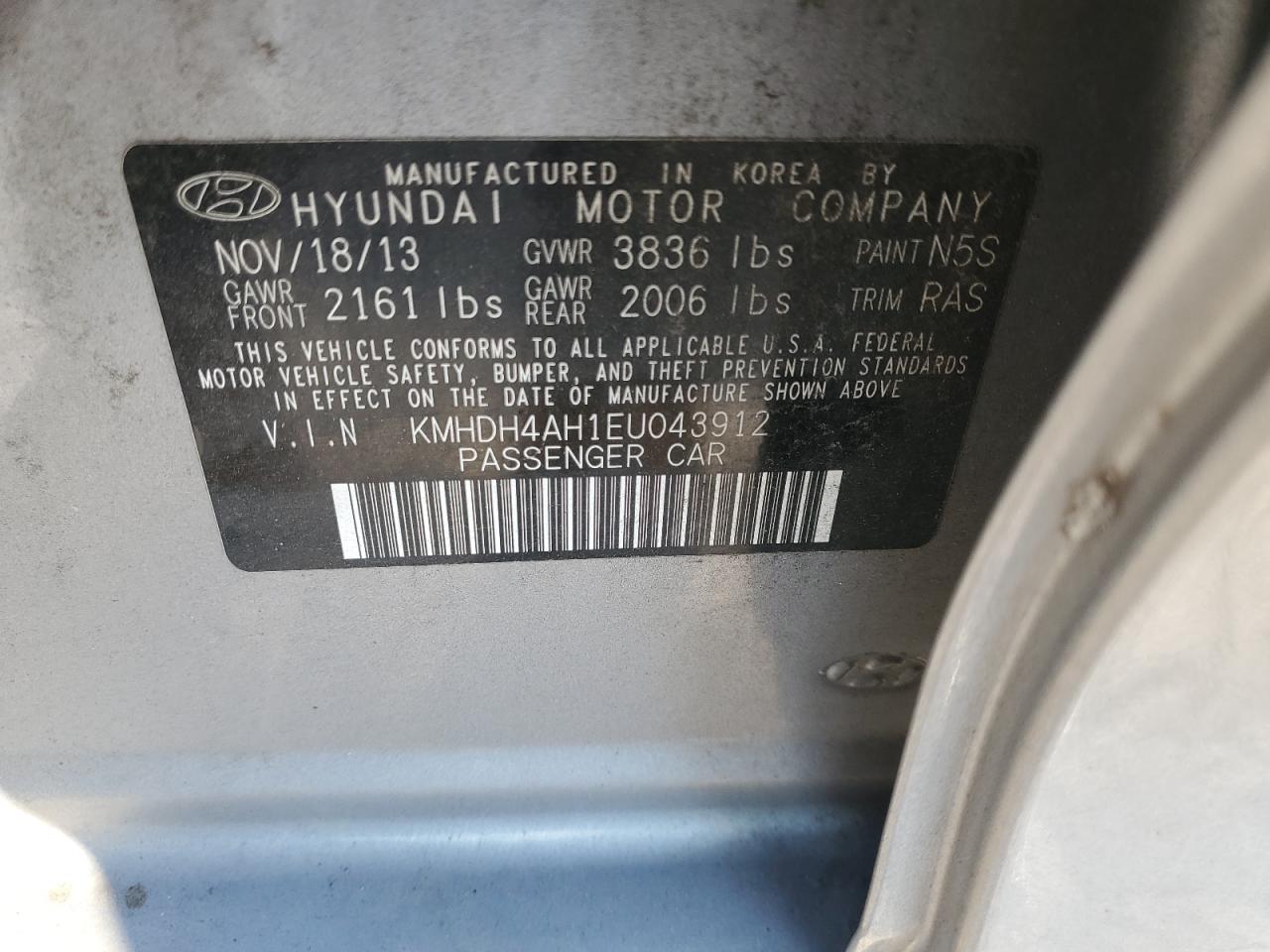 2014 Hyundai Elantra Se VIN: KMHDH4AH1EU043912 Lot: 63514924