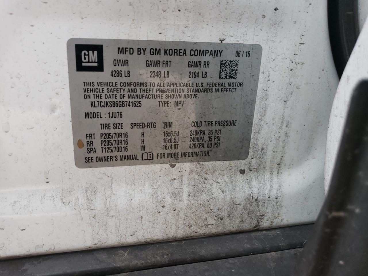 2016 Chevrolet Trax Ls VIN: KL7CJKSB6GB741625 Lot: 64862834