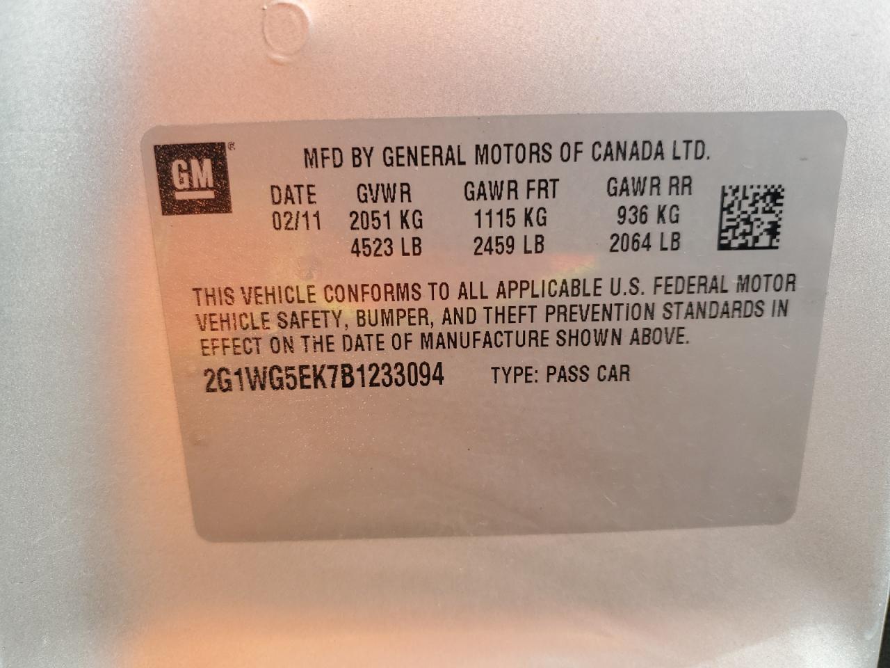 2011 Chevrolet Impala Lt VIN: 2G1WG5EK7B1233094 Lot: 61458294