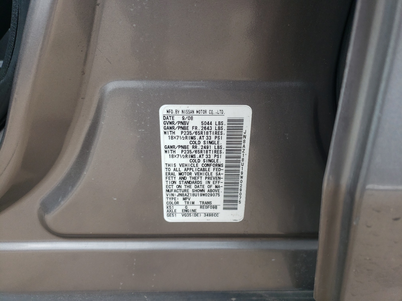 JN8AZ18U19W029075 2009 Nissan Murano S