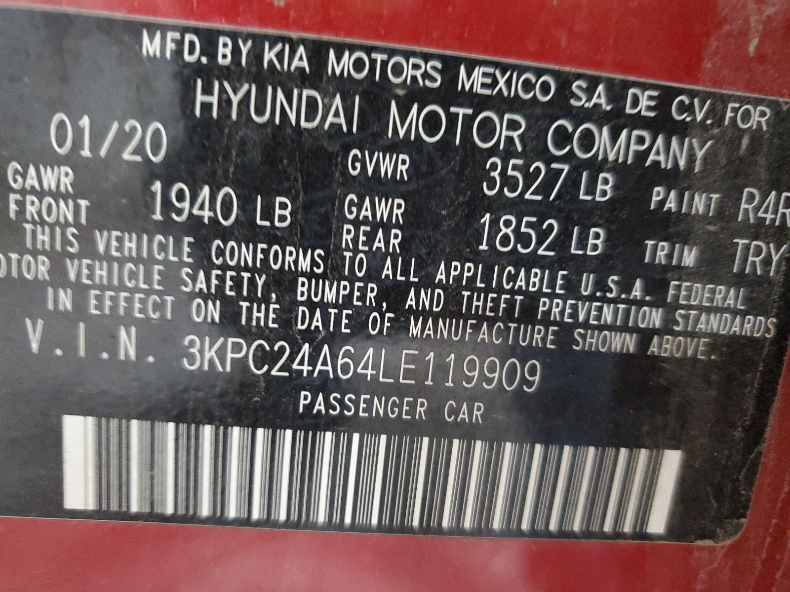 3KPC24A64LE119909 2020 Hyundai Accent Se