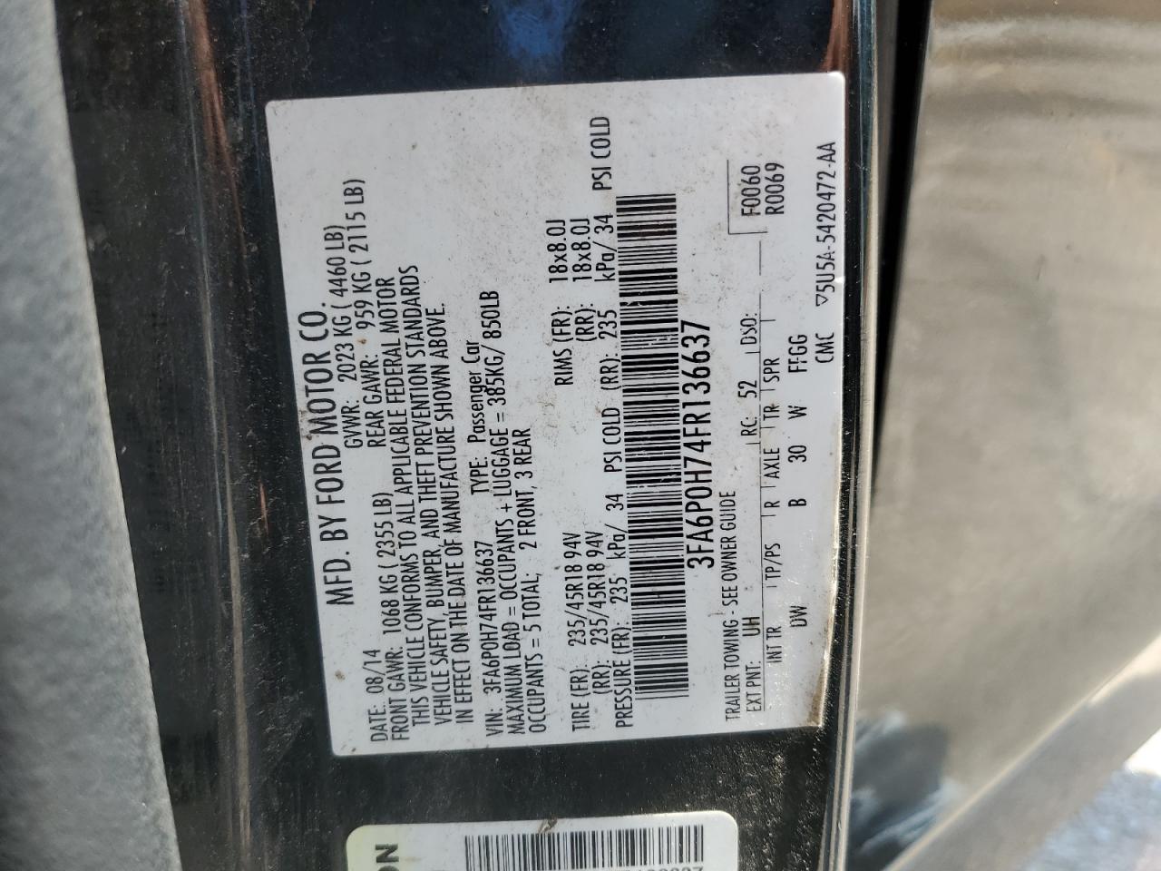 2015 Ford Fusion Se VIN: 3FA6P0H74FR136637 Lot: 63125994