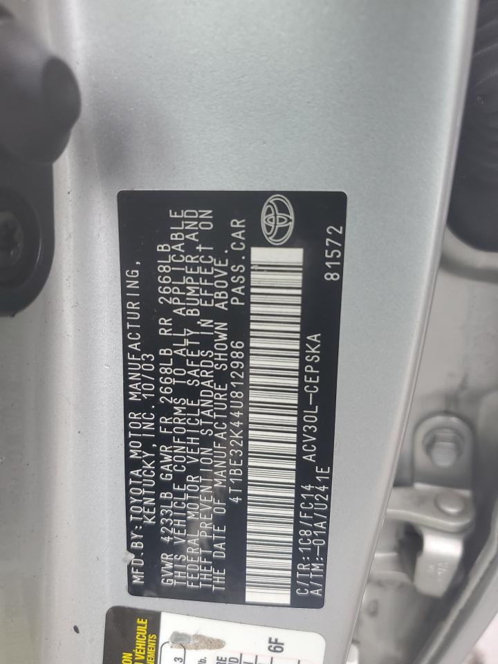 2004 Toyota Camry Le VIN: 4T1BE32K44U812986 Lot: 64293244