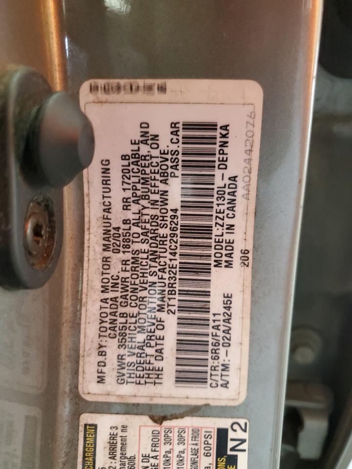 2004 Toyota Corolla Ce VIN: 2T1BR32E14C296294 Lot: 64091664