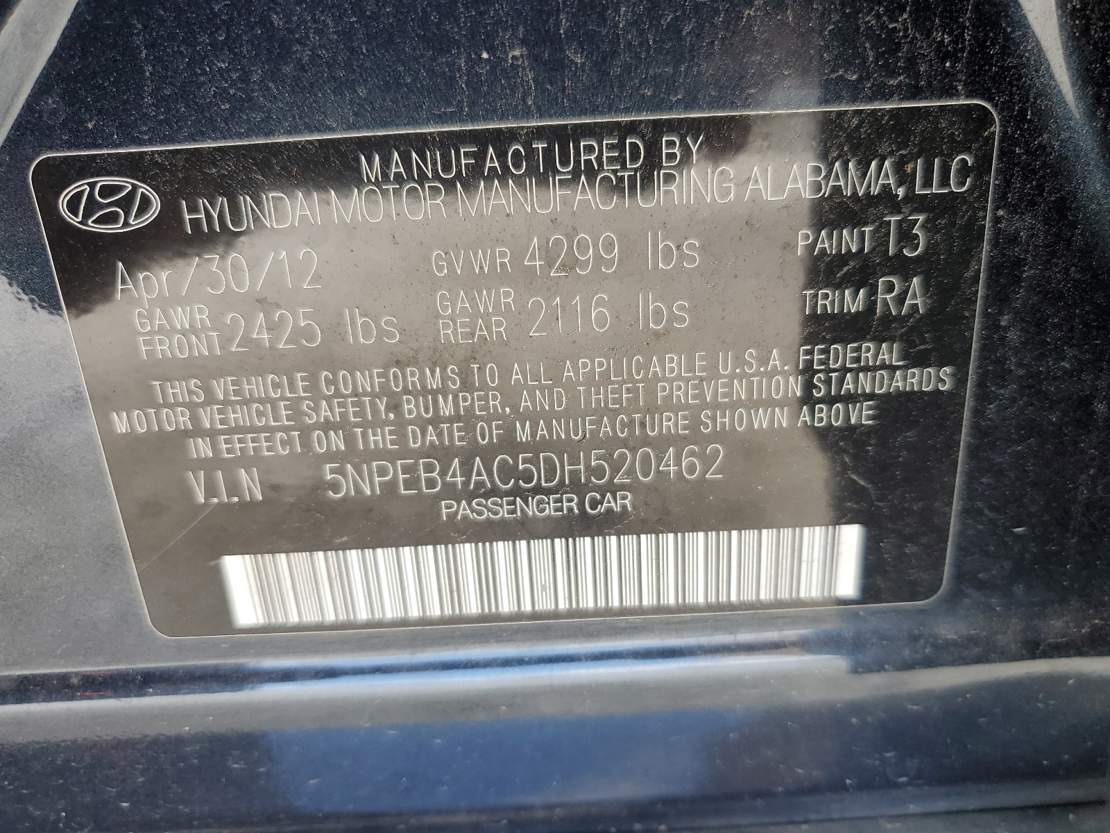 5NPEB4AC5DH520462 2013 Hyundai Sonata Gls
