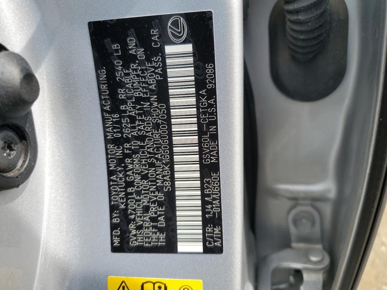 2016 Lexus Es 350 VIN: 58ABK1GG0GU007050 Lot: 61641044