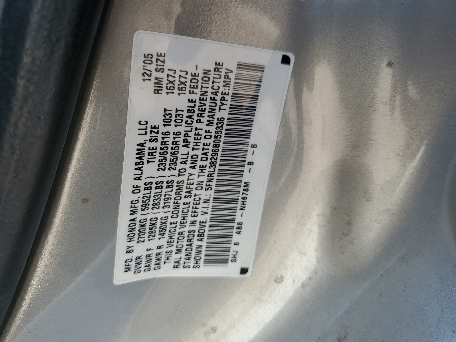 5FNRL38296B055336 2006 Honda Odyssey Lx