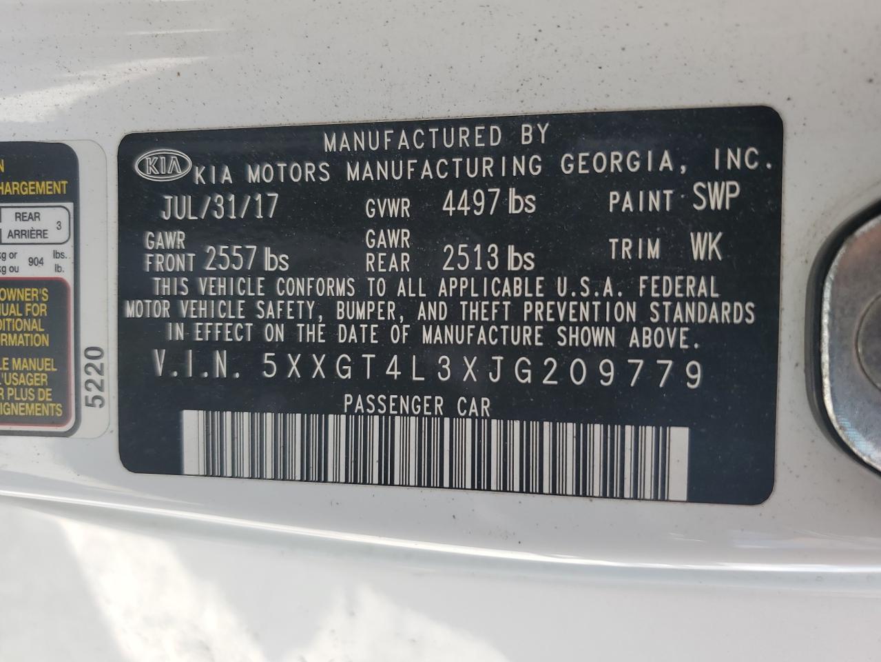 2018 Kia Optima Lx VIN: 5XXGT4L3XJG209779 Lot: 63016534