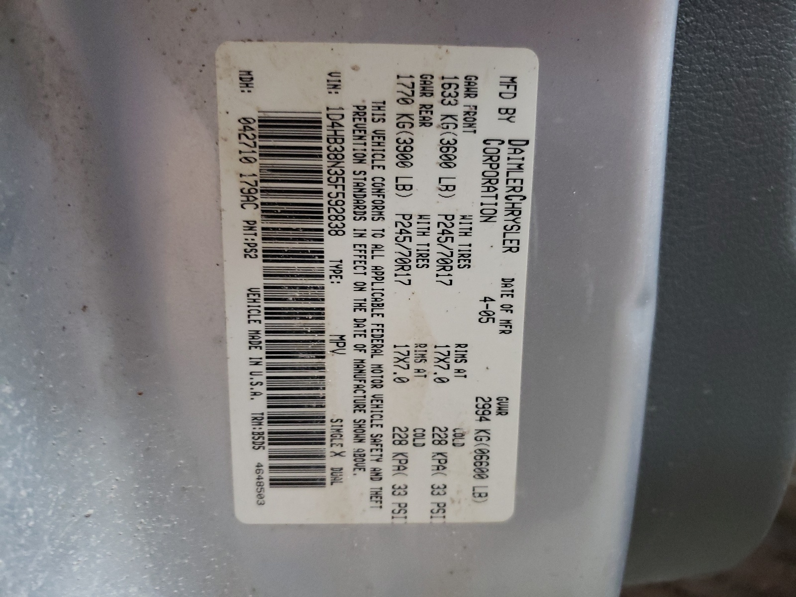 1D4HB38N35F592838 2005 Dodge Durango St