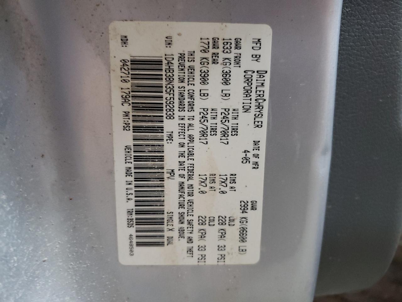 2005 Dodge Durango St VIN: 1D4HB38N35F592838 Lot: 64073784