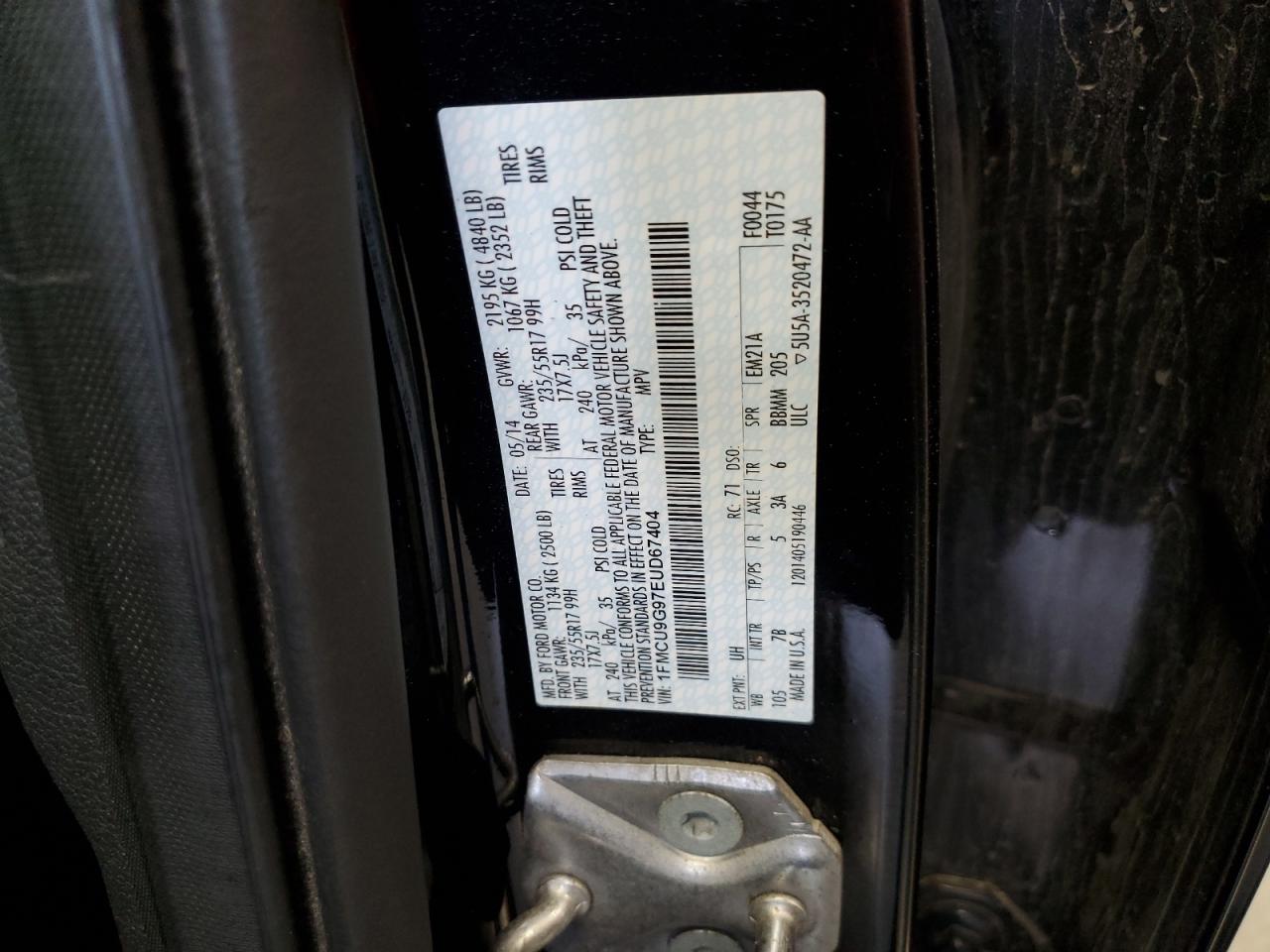 2014 Ford Escape Se VIN: 1FMCU9G97EUD67404 Lot: 63236254