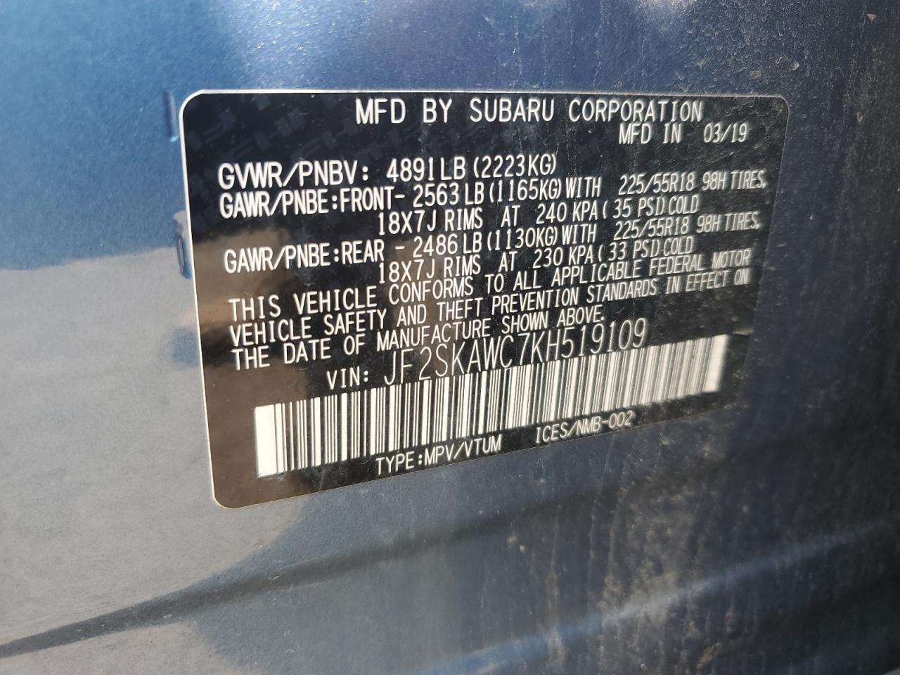 2019 Subaru Forester Touring VIN: JF2SKAWC7KH519109 Lot: 64411814