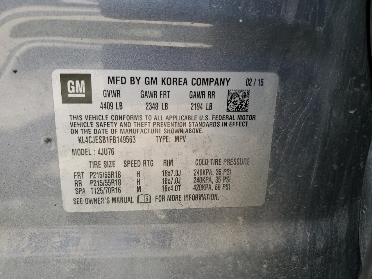 2015 Buick Encore VIN: KL4CJESB1FB149563 Lot: 64048264