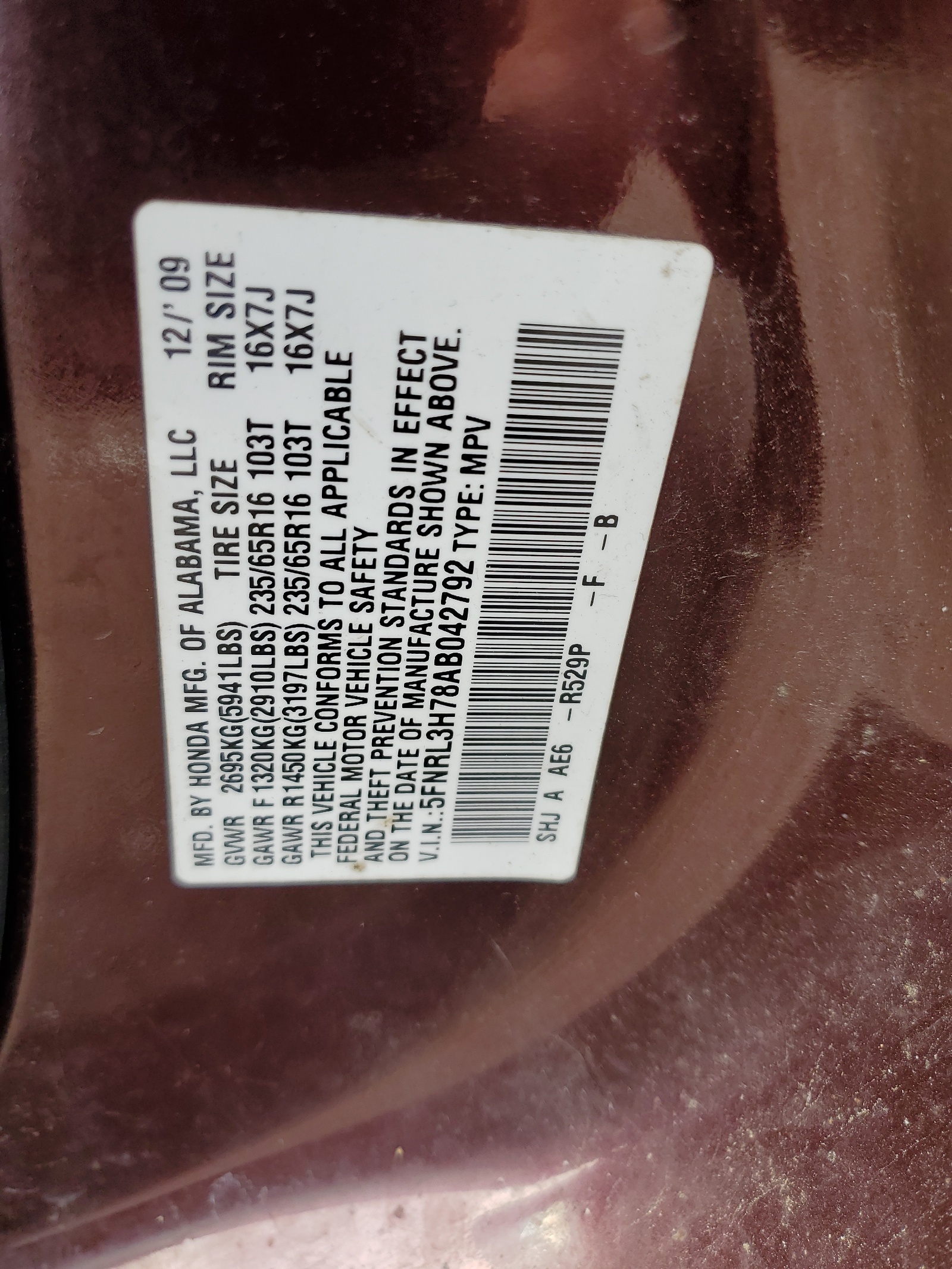 5FNRL3H78AB042792 2010 Honda Odyssey Exl