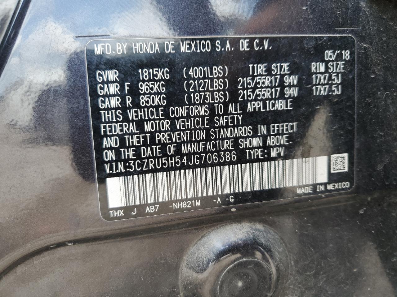 2018 Honda Hr-V Ex VIN: 3CZRU5H54JG706386 Lot: 63918974