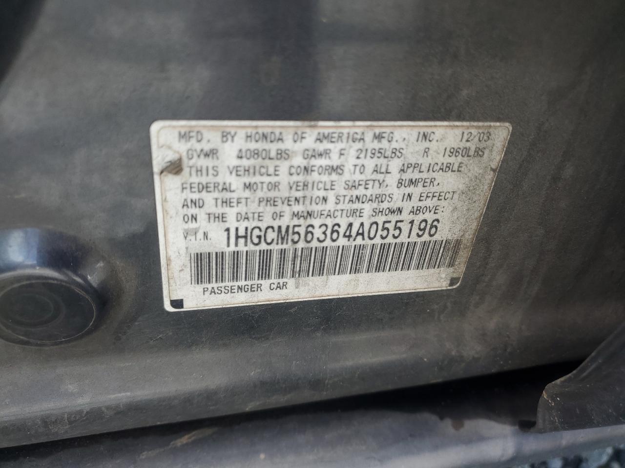 2004 Honda Accord Lx VIN: 1HGCM56364A055196 Lot: 65073194