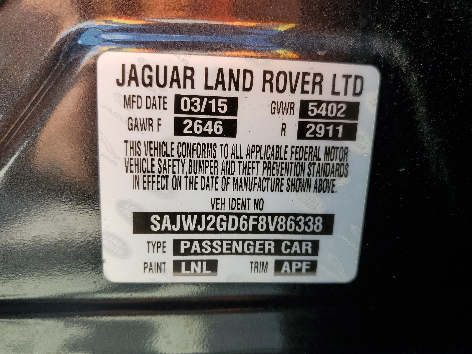 SAJWJ2GD6F8V86338 2015 Jaguar Xjl Portfolio
