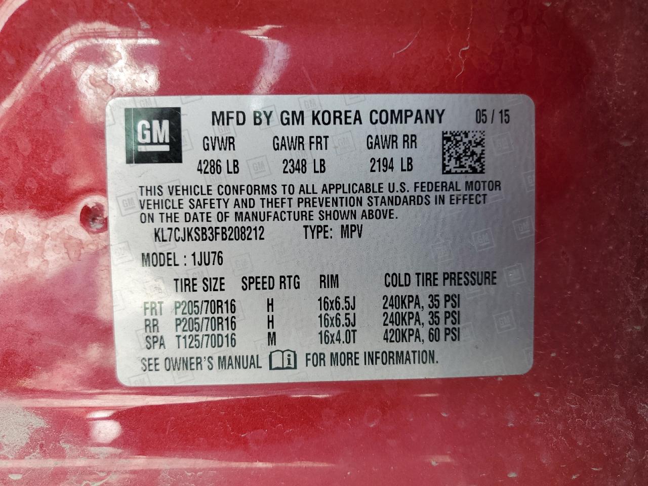 2015 Chevrolet Trax Ls VIN: KL7CJKSB3FB208212 Lot: 62897764