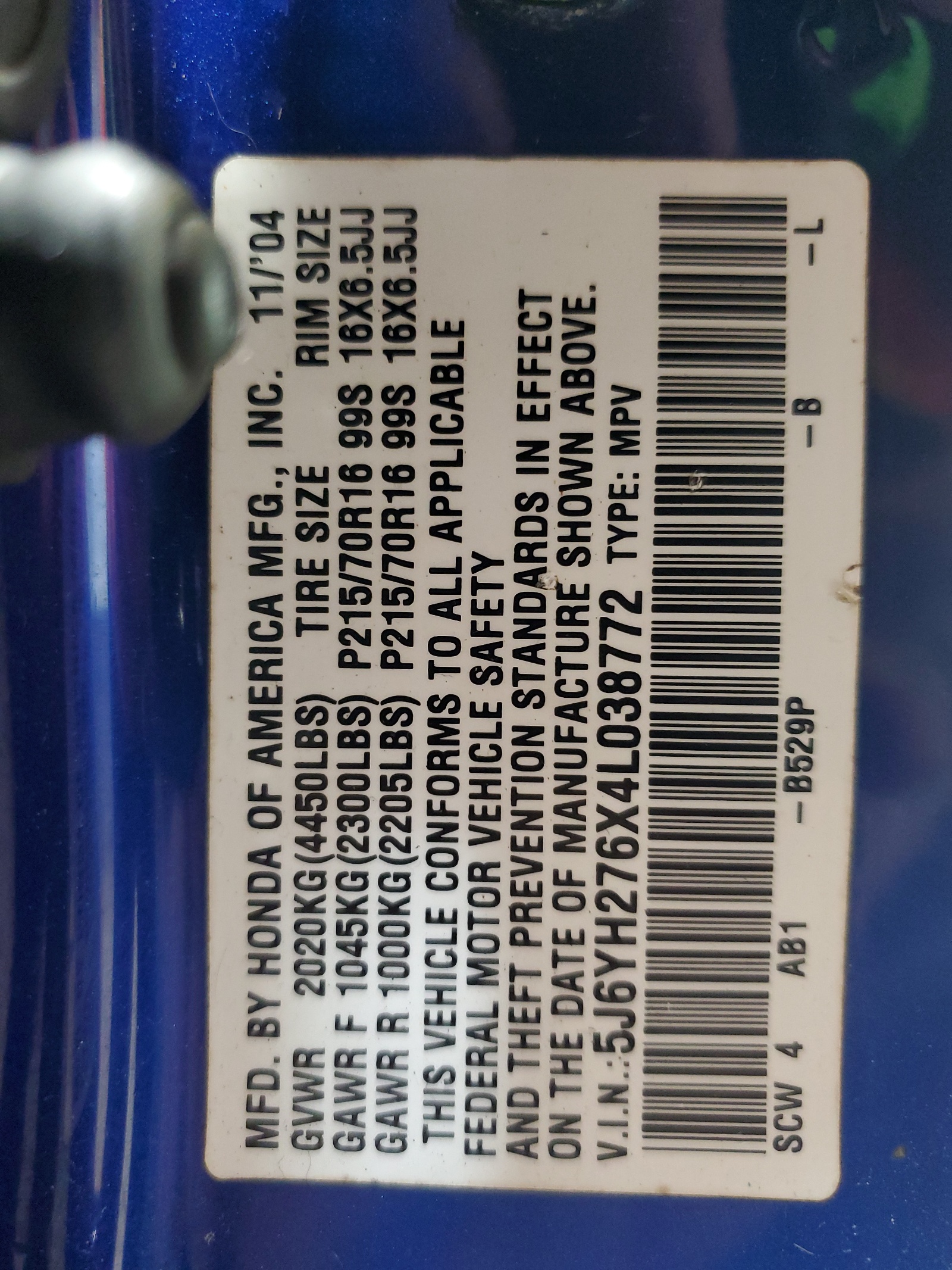 5J6YH276X4L038772 2004 Honda Element Ex