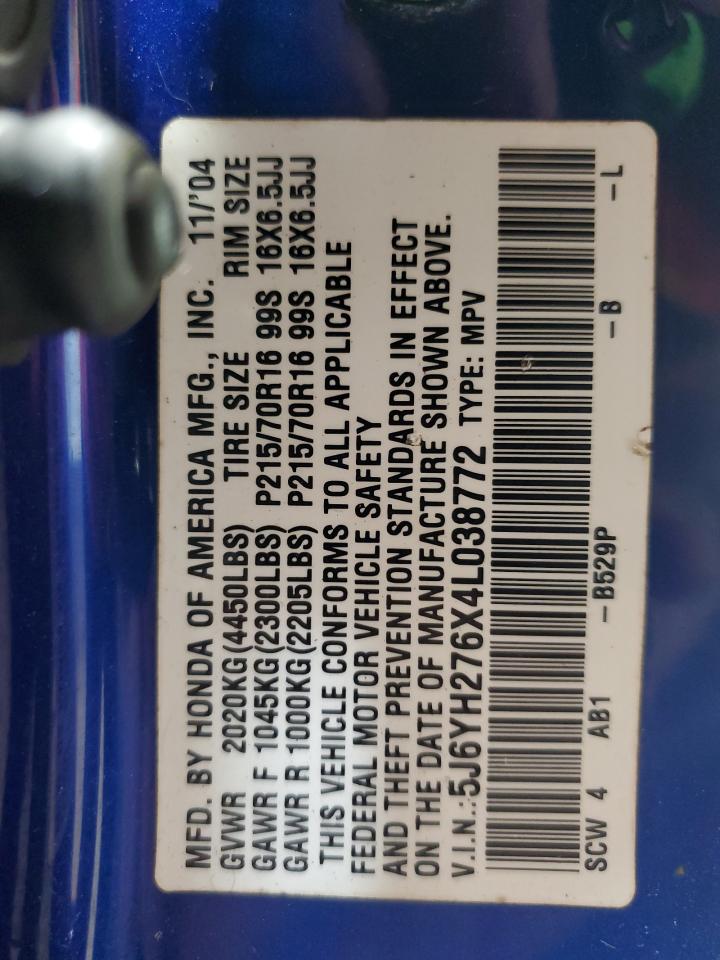 2004 Honda Element Ex VIN: 5J6YH276X4L038772 Lot: 63398354