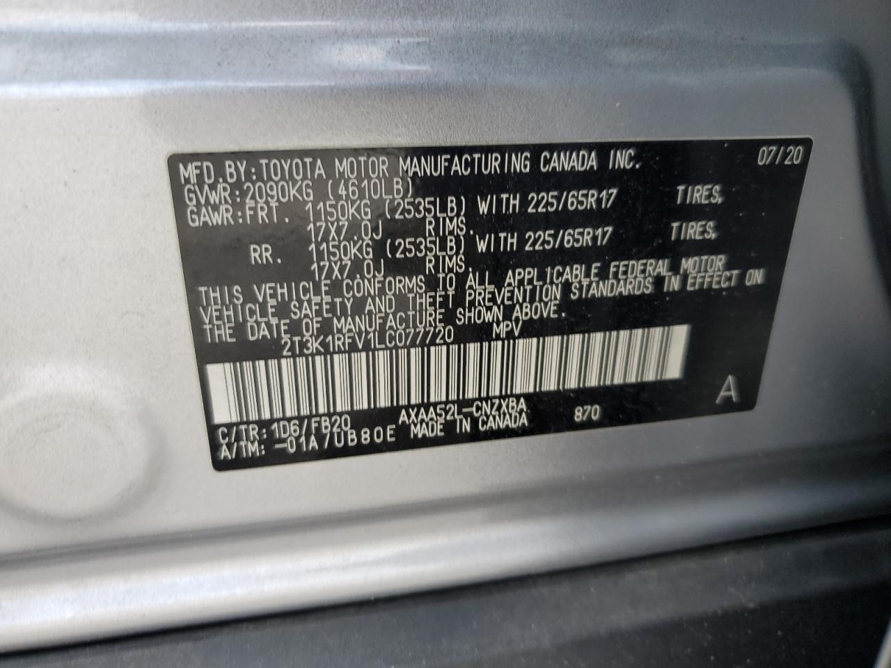 2020 Toyota Rav4 Le VIN: 2T3K1RFV1LC077720 Lot: 62521304