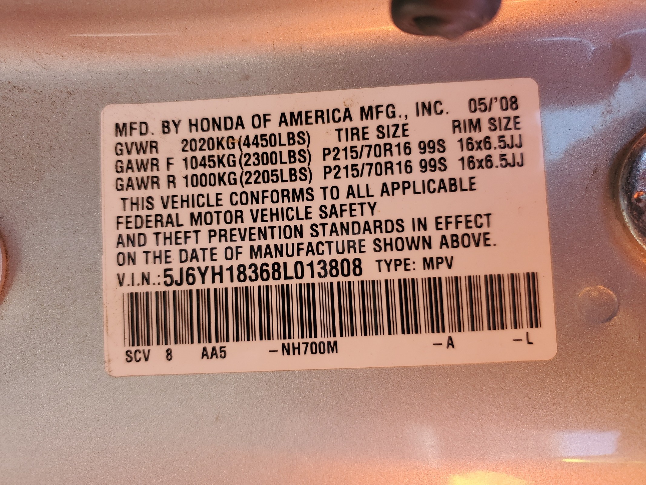 5J6YH18368L013808 2008 Honda Element Lx