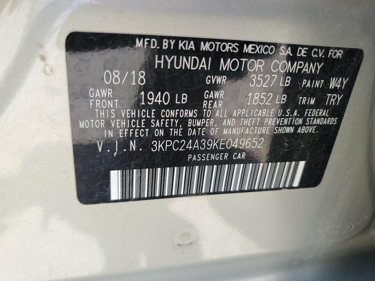 2019 Hyundai Accent Se VIN: 3KPC24A39KE049652 Lot: 62018194