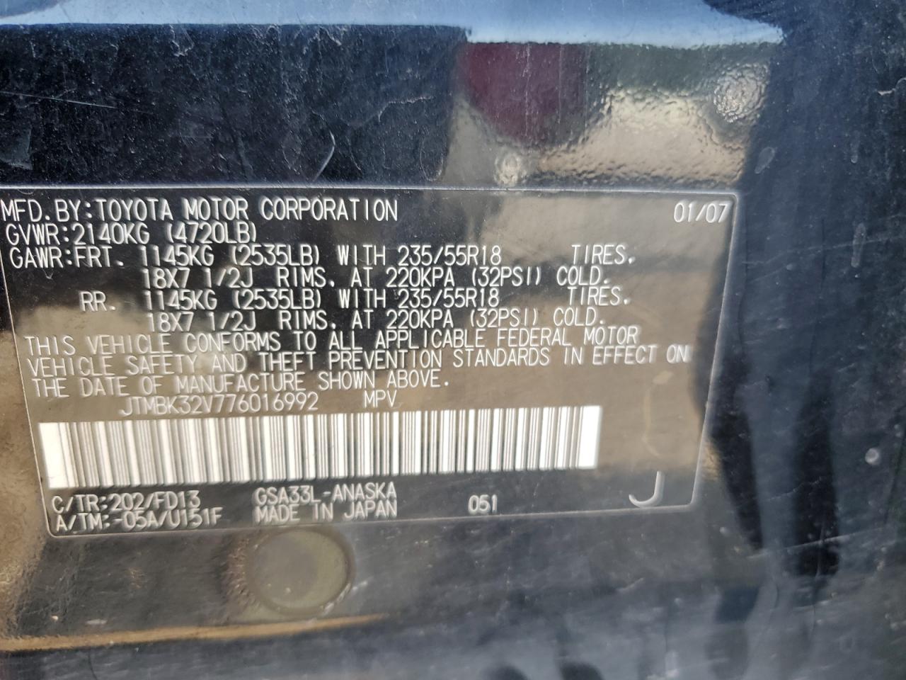 2007 Toyota Rav4 Sport VIN: JTMBK32V776016992 Lot: 62652084