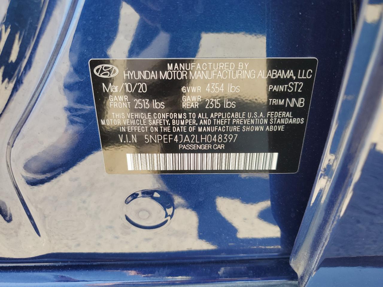2020 Hyundai Sonata Sel VIN: 5NPEF4JA2LH048397 Lot: 63705214