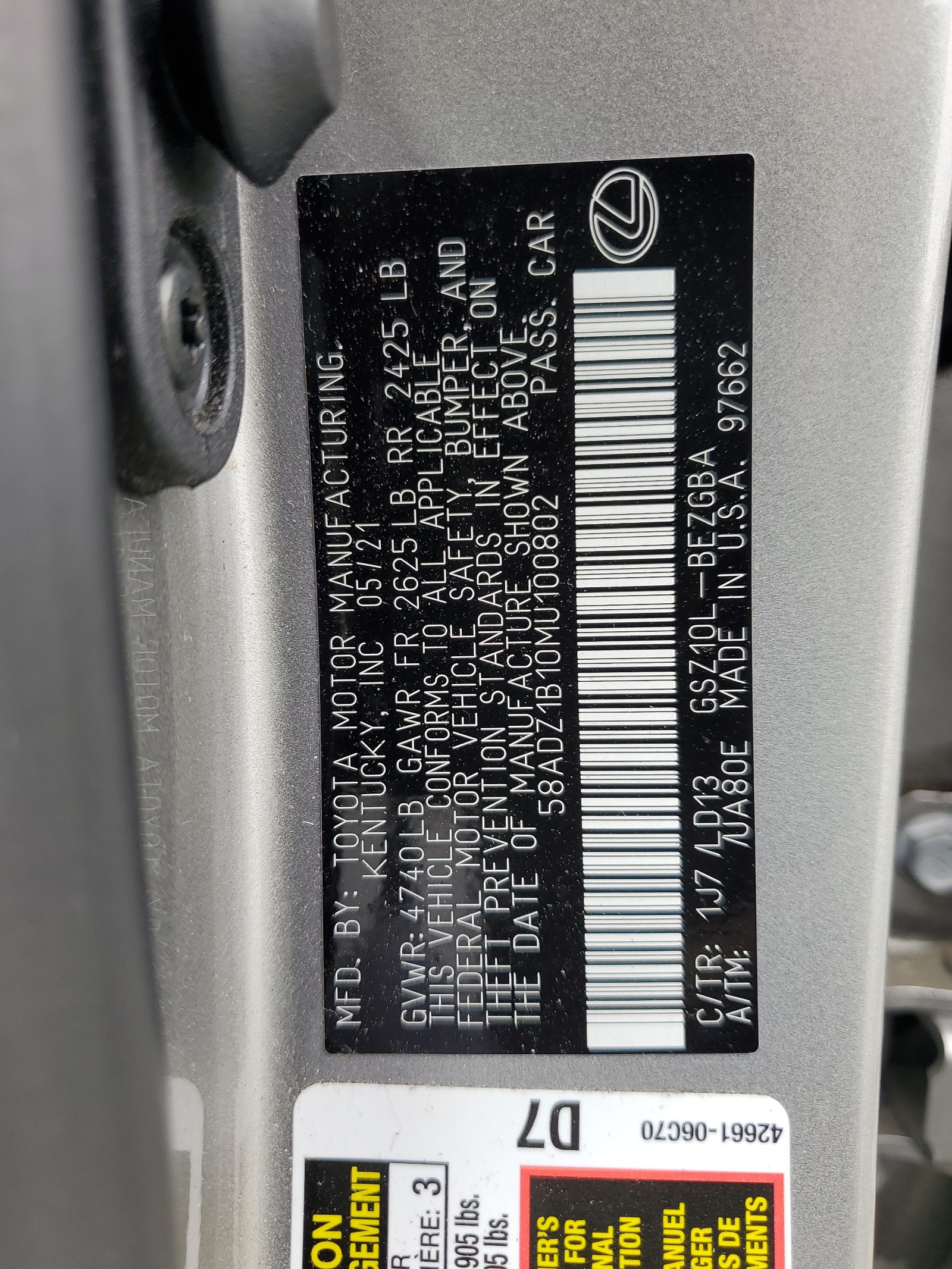 58ADZ1B10MU100802 2021 Lexus Es 350 Base