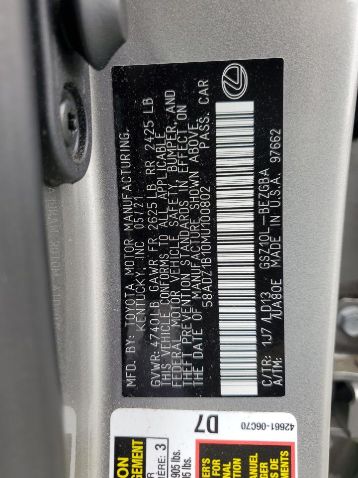 2021 Lexus Es 350 Base VIN: 58ADZ1B10MU100802 Lot: 63099004