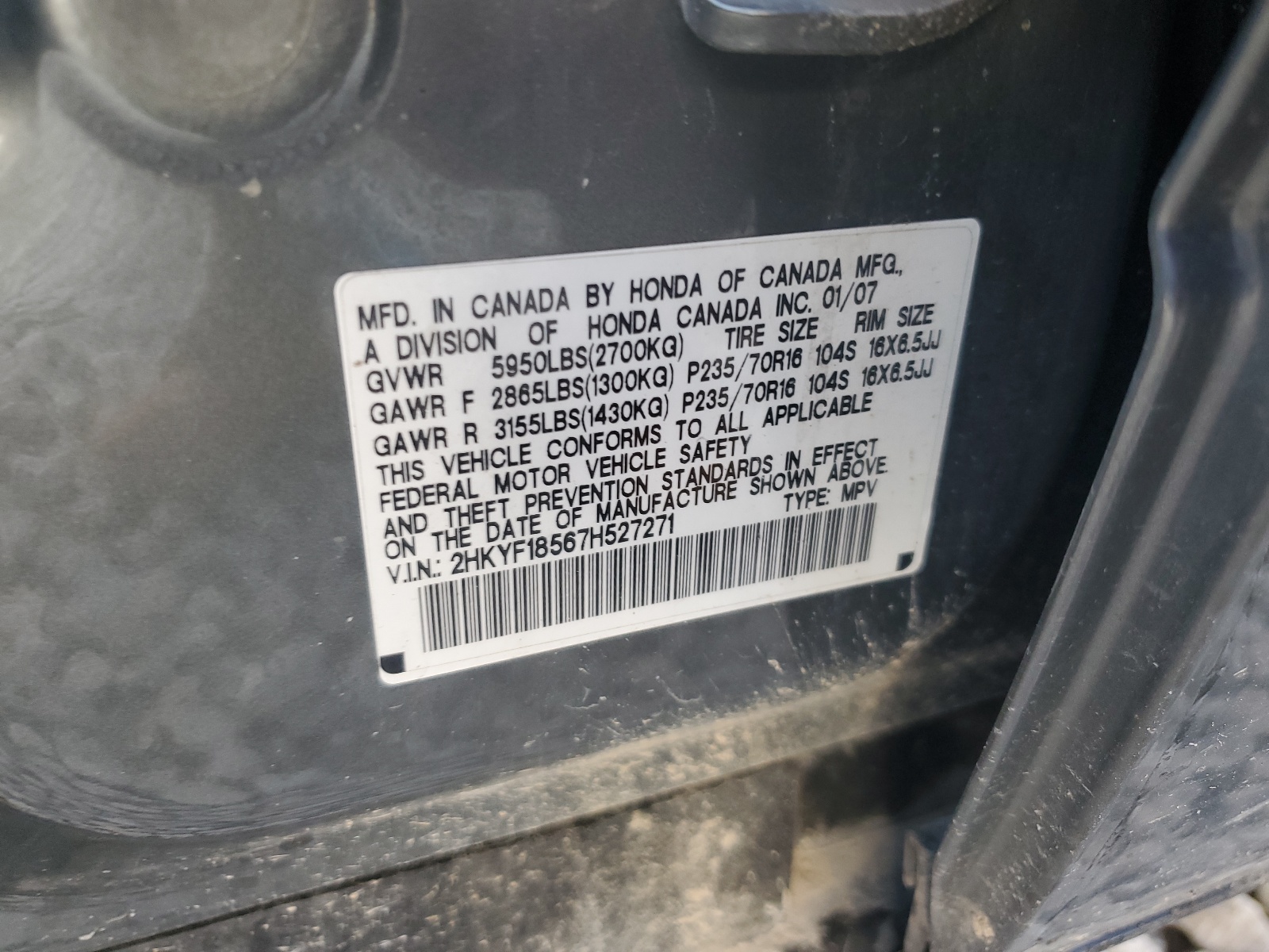 2HKYF18567H527271 2007 Honda Pilot Exl