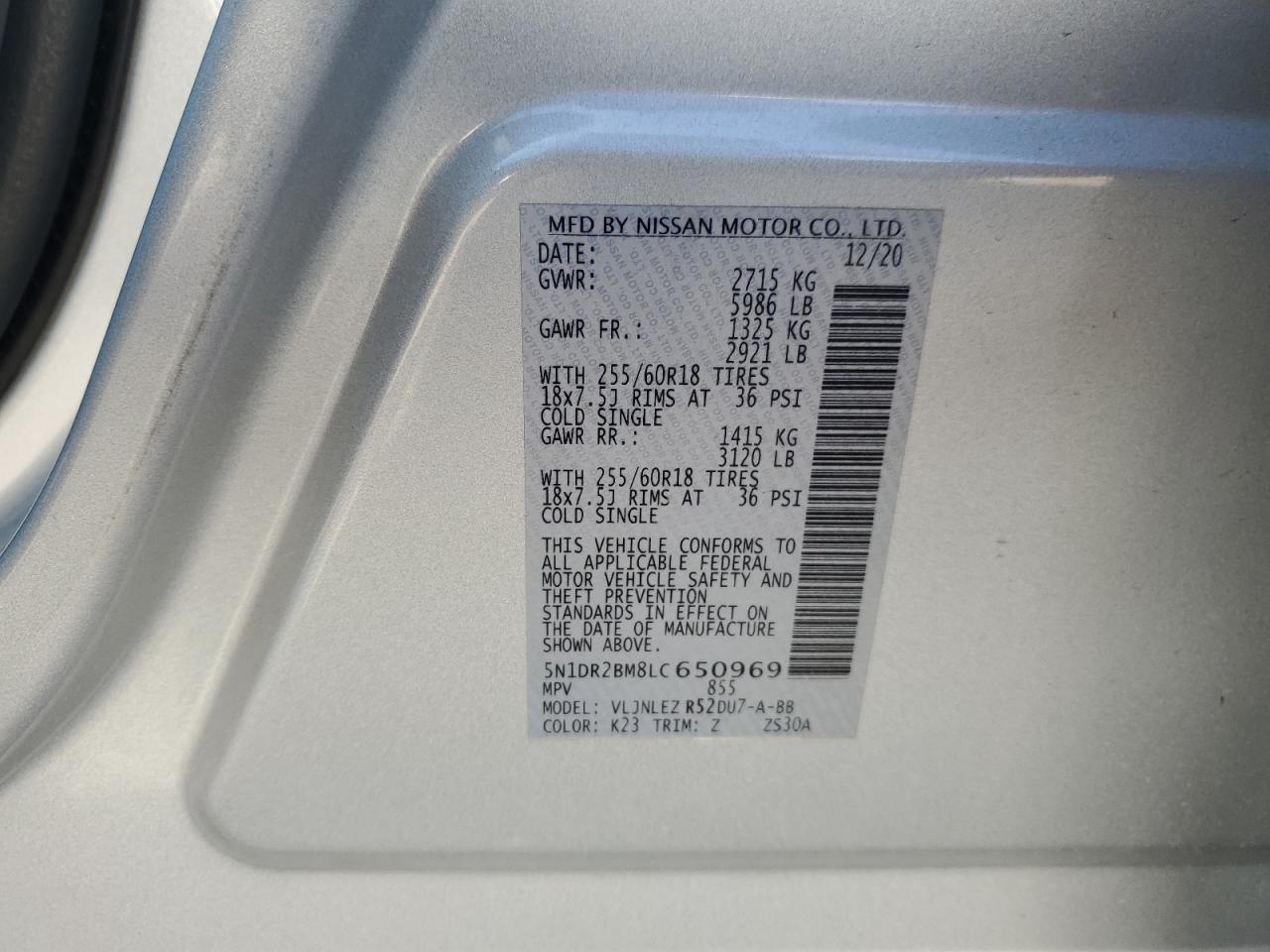 2020 Nissan Pathfinder Sv VIN: 5N1DR2BM8LC650969 Lot: 64042364