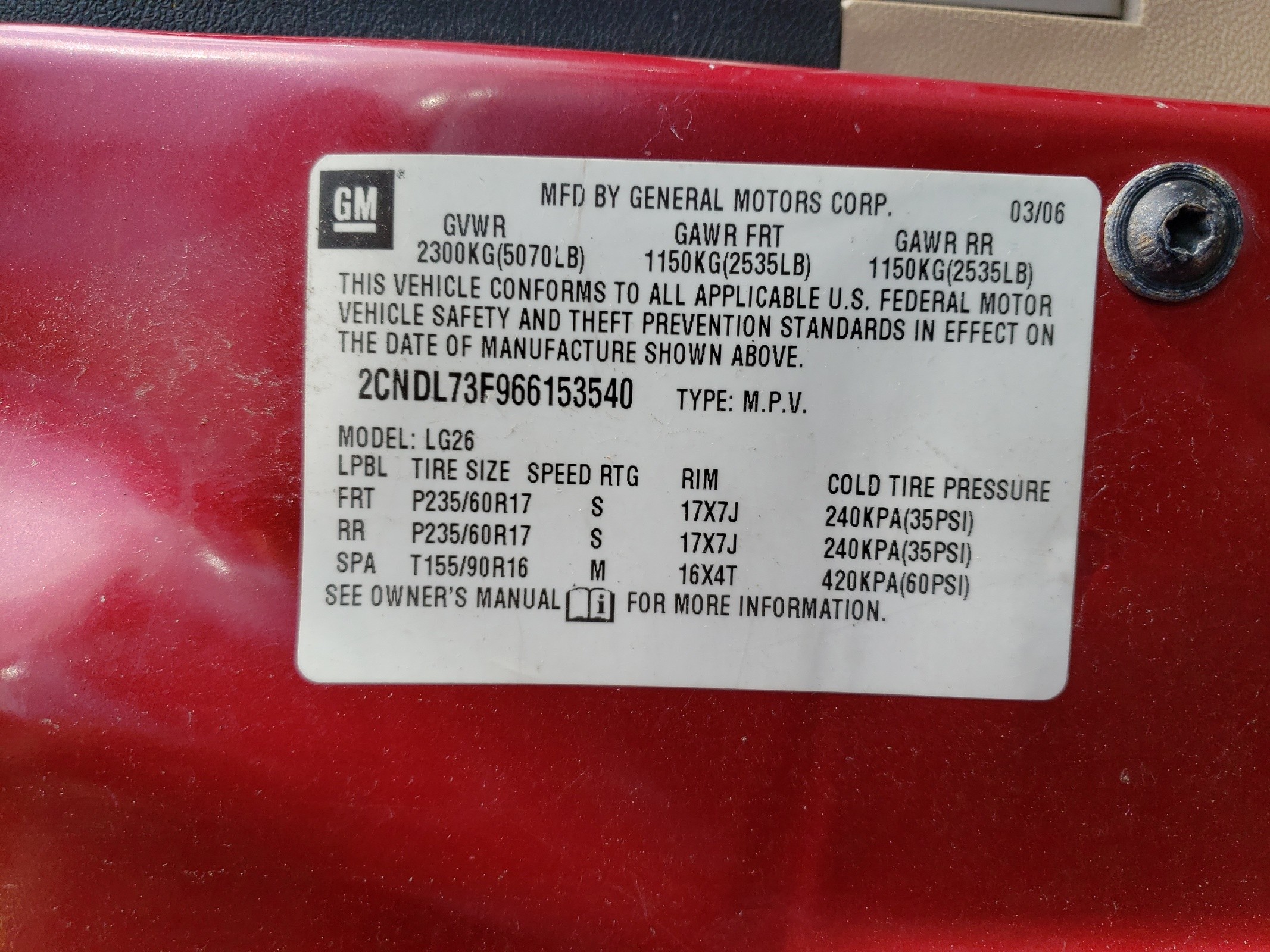 2CNDL73F966153540 2006 Chevrolet Equinox Lt