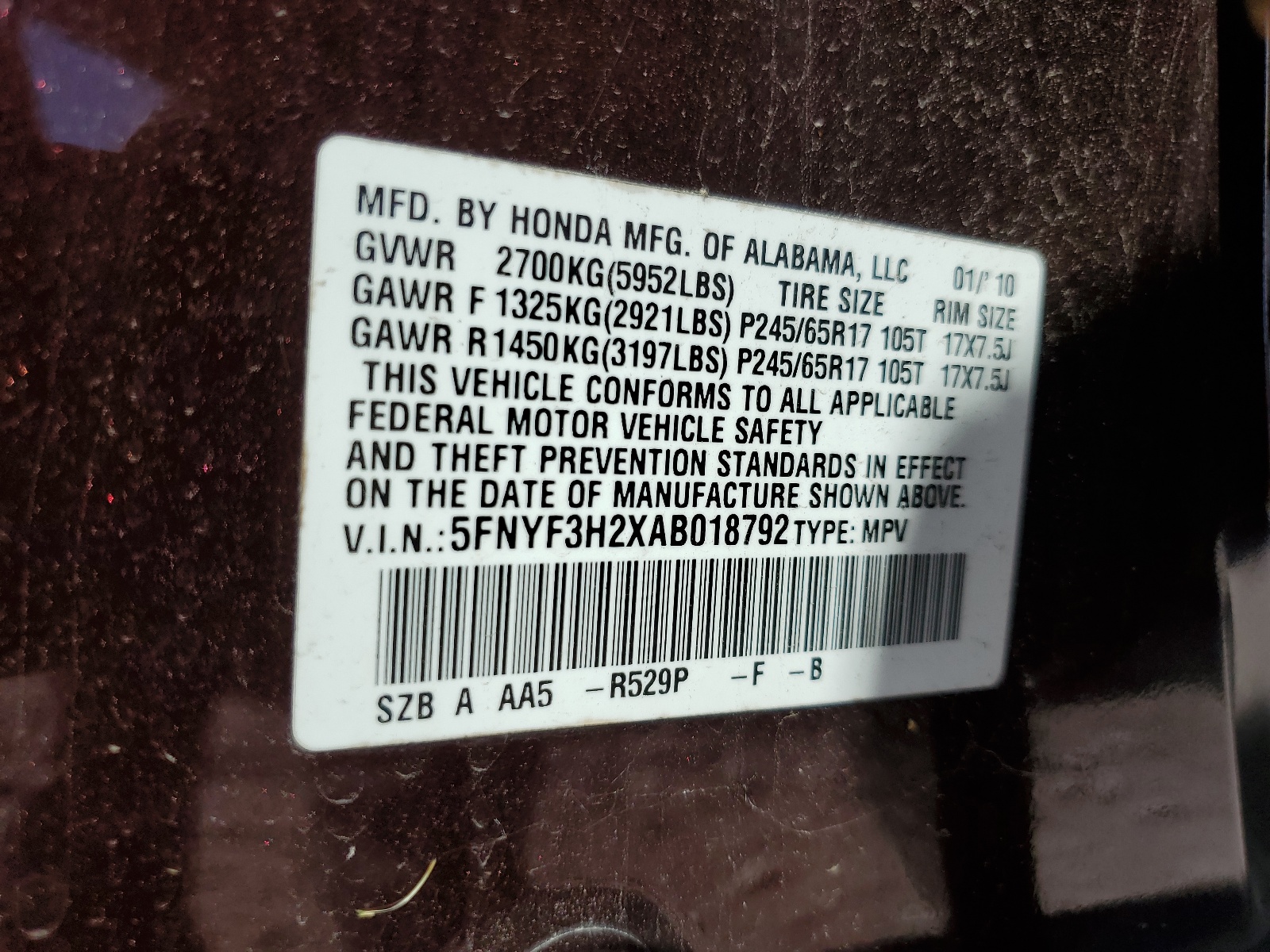 5FNYF3H2XAB018792 2010 Honda Pilot Lx