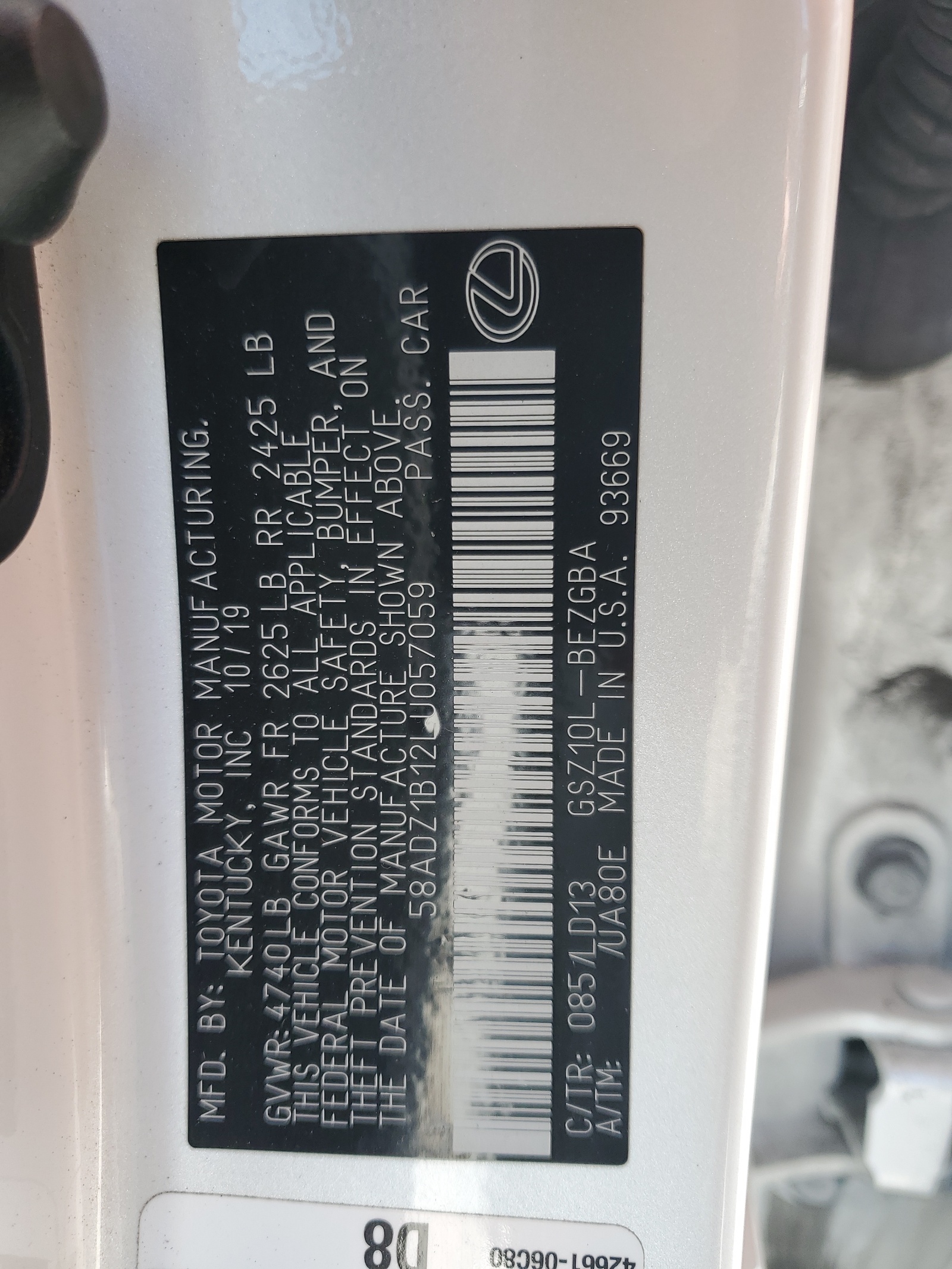 58ADZ1B12LU057059 2020 Lexus Es 350