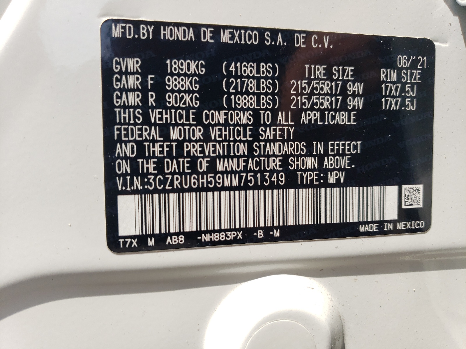 3CZRU6H59MM751349 2021 Honda Hr-V Ex