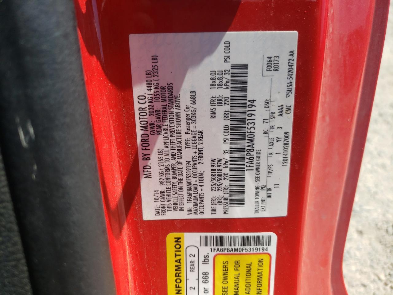 2015 Ford Mustang VIN: 1FA6P8AM0F5319194 Lot: 64255624