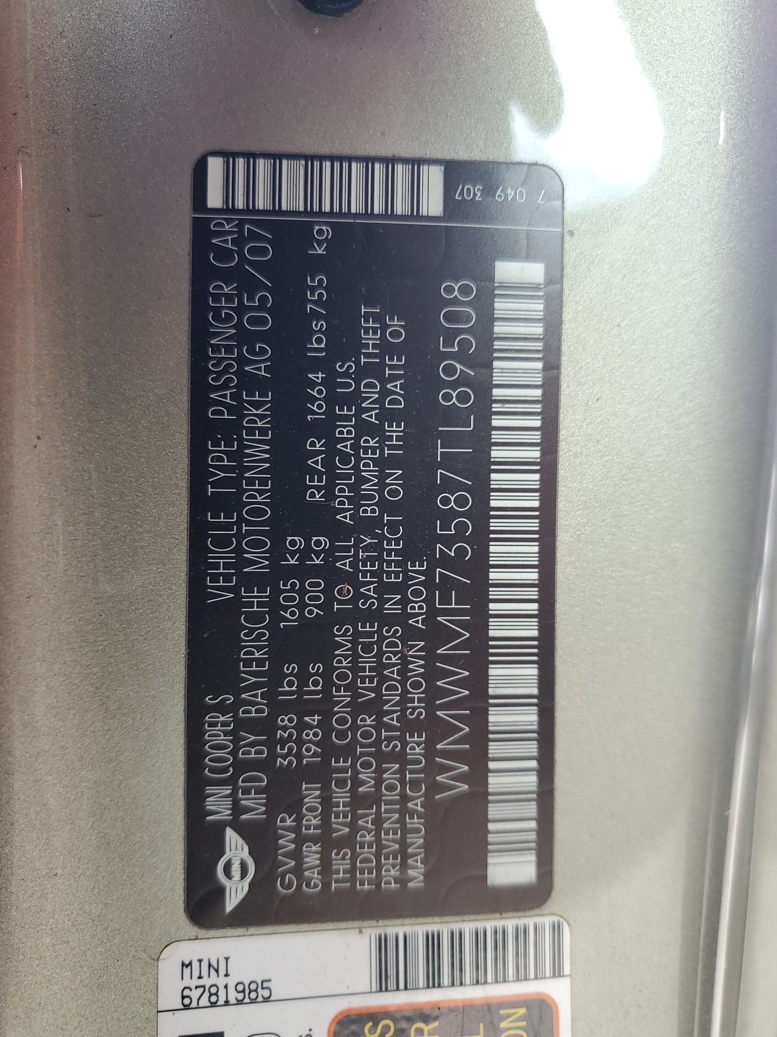WMWMF73587TL89508 2007 Mini Cooper S
